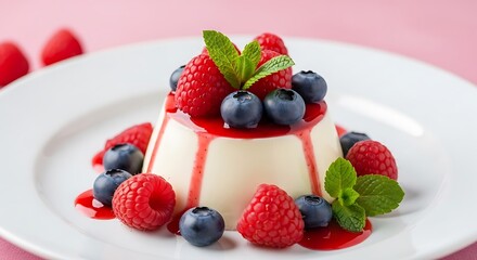 Creamy dessert, topped with berries and sauce, on white plate, mint garnish, pink backdrop