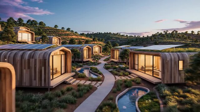 Video of sustainable off-grid village powered by renewable energy, modern eco infrastructure concept, autonomous community visual and future-focused rural innovation scene.
