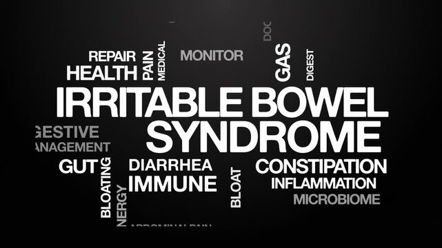 Irritable bowel syndrome IBS concept Animated Tag Word Cloud kinetic typography, Text Design Animation typography seamless loop video motion graphics Intro Wordart white type on black background bg