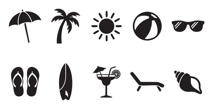 A collection of black icons representing beach vacation elements like a palm tree, sun, surfboard, and cocktail against a white background.