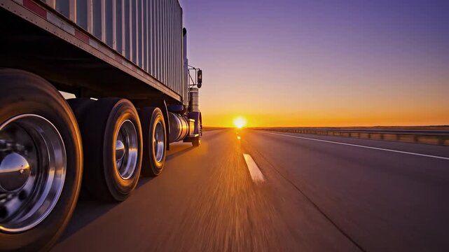 Truck Highway Transport \'97 cargo vehicle driving long road at sunset, wide cinematic landscape with an empty multilane highway stretching toward the horizon, heavy transport truck moving