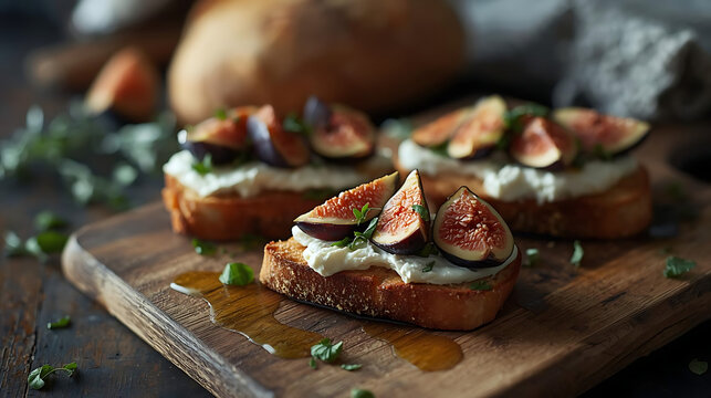 Delicious fig and cheese toast on rustic wooden board