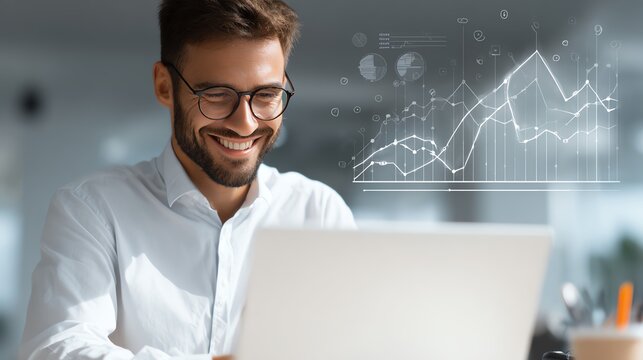 Data Analytics concept, Data Annotation, Data Analysis, Smile businessman use laptop analyzing data for competitor benchmarking and market positioning