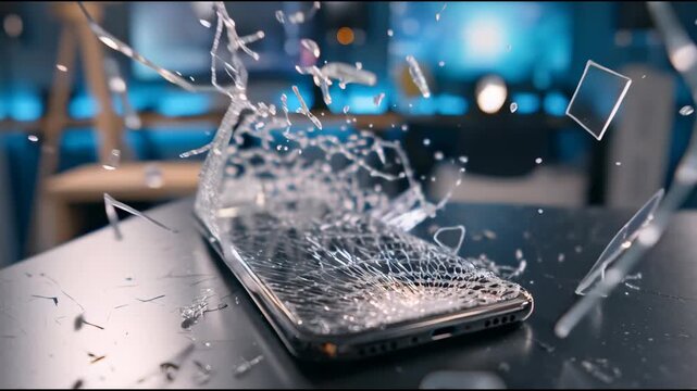 A smartphone with a shattered screen on a table, surrounded by broken glass shards in a blurred room with blue lights.