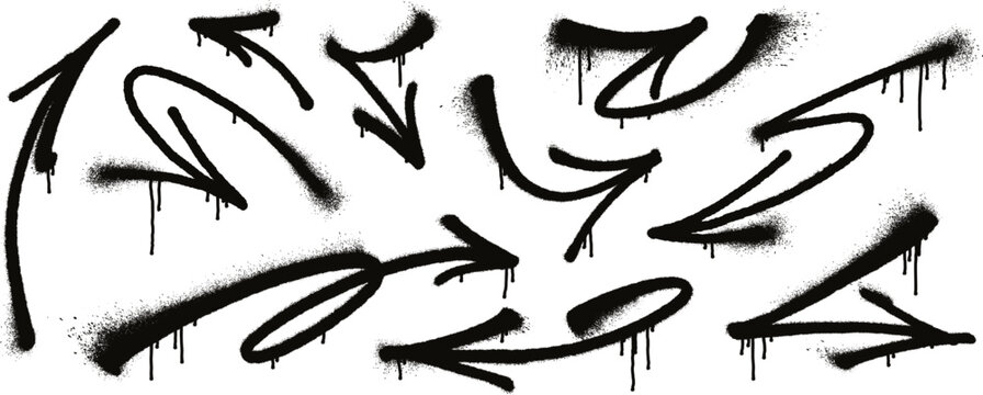 Hand drawn graffiti arrows with overspray, grunge curved arrow pointers. Black spray paint arrow signs with dripping ink and splatter, bold direction marker, urban street art elements vector set