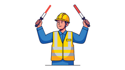 Traffic Controller at Work: A diligent traffic controller stands ready with glowing signal wands, ensuring safety and order. A symbol of control and diligence. © Hasib