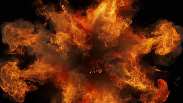 Seamless looping super slow motion fiery explosion cinematic bursting outward pure black background luminous refined visuals motion gradient shimmer