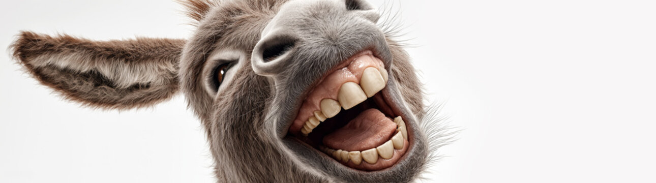 Extreme Close-Up, Portrait of a Hilarious Donkey with Exaggerated Smile, Isolated on White Background with Copy Space. Surreal Hyper-Realistic Funny Animal Concept. Generative Ai.
