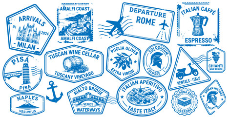 Naklejka premium Vintage italy travel passport stamp collection with italian landmarks and food symbols for tourism, vacation and european travel design