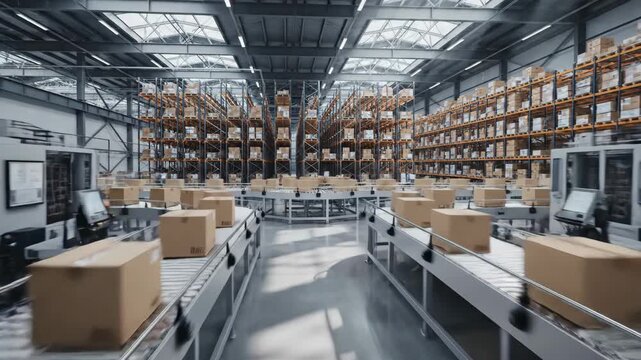A vast modern logistics hub interior with automated conveyor belts transporting neatly sealed cardboard packages across a spacious distribution center, high ceilings with industrial skylights casting
