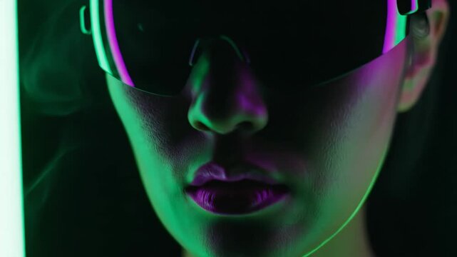 Toxic neon portrait concept featuring a partially obscured anonymous face emerging from deep shadow, high contrast lighting with intense green and magenta neon tubes casting sharp edge highlights