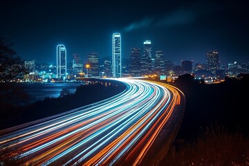 Fototapeta premium Stunning Nighttime View of a Busy City Motorway with Bright Lights and Skyscrapers in Background