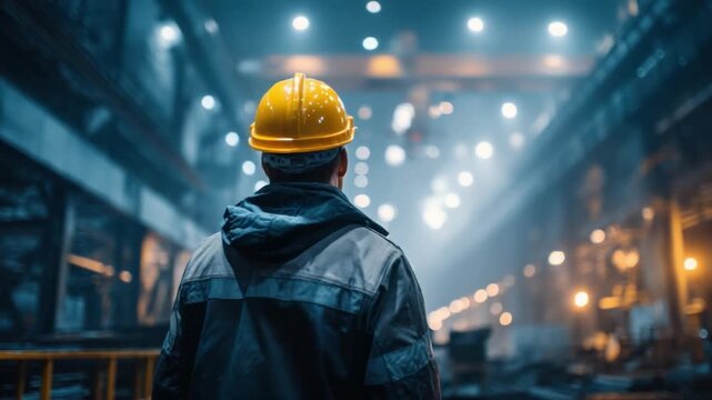 Industrial Sentinel: A lone worker, seen from behind, gazes thoughtfully across a bustling factory floor, embodying dedication and the spirit of industry.