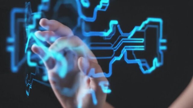 Digital Touch Interface: A close-up view of a hand interacting with an illuminated digital circuit interface, suggesting technological innovation, future concepts.