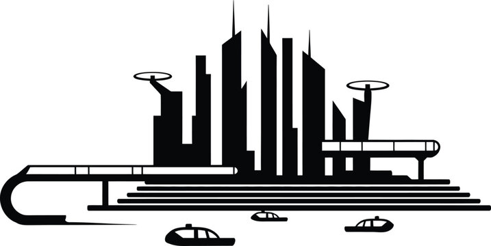 Modern smart city skyline silhouette with flying vehicles and elevated monorail transit system