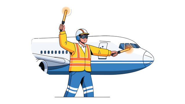 Air Traffic Guidance: A ground crew worker, adorned in safety gear, directs the airplane with illuminated wands, ensuring a safe and smooth arrival or departure.