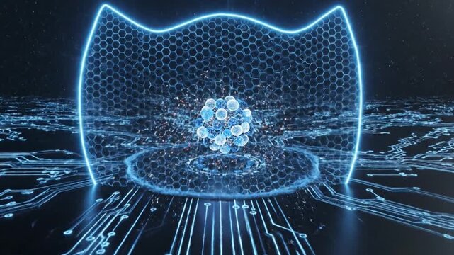 Digital Shield: Conceptual visualization of digital protection, where an intricately designed shield encompasses a central atom structure.