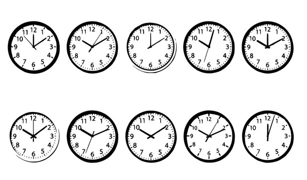 Realistic wall office clock face vector set with minimal black and white dials
