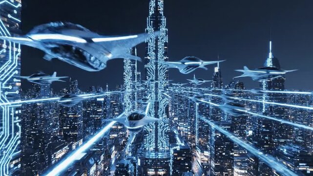 Futuristic Cityscape: A mesmerizing vision of the future unfolds, featuring sleek, futuristic aircraft soaring above a high-tech cityscape interwoven with vibrant digital circuits.