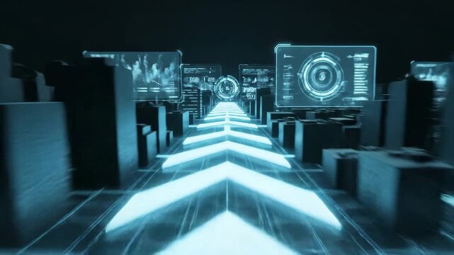 Video of digital AR wayfinding arrows floating over stylized city map, smart navigation technology background, urban data visualization concept, connected mobility scene.