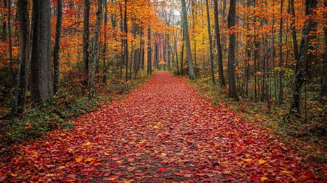 Crimson autumn woodland path with vibrant foliage and towering trees, creating a serene and immersive natural landscape for seasonal reflections.