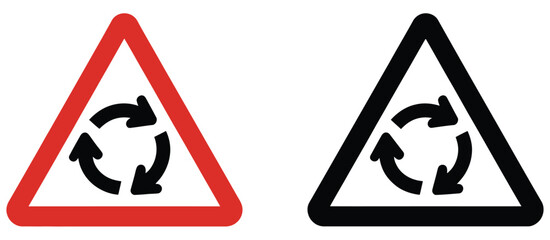 Signs, roundabout ahead icon set with warning road symbols, circular traffic alert icons, clean modern flat vector design for navigation, transportation