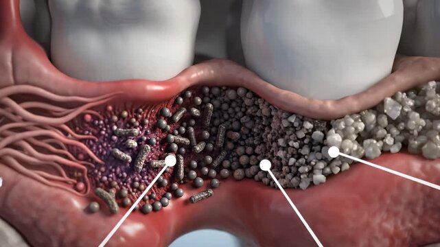 Periodontal Disease Diagram \'96 infection spreading below gumline presented as a highly detailed cross-sectional dental visualization, realistic tooth root embedded in layered gum tissue and