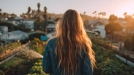 Fototapeta premium Long blond hair woman watering rooftop garden at sunset with denim jacket and warm light