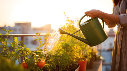 Fototapeta premium Back view shoulders arms watering rooftop garden with watering can at golden hour nurturing tomato plant and herbs