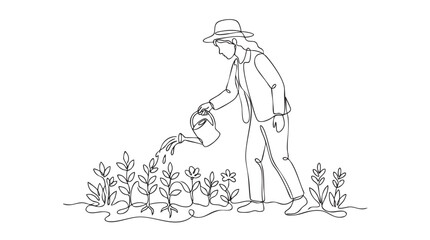 Minimalist line drawing of a woman wearing a hat watering plants in a garden with a watering can, conveying a sense of calm and growth.