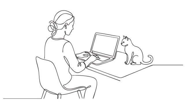 A minimalist line art illustration shows a woman working on a laptop while a cat sits attentively on the desk beside her, creating a cozy atmosphere.