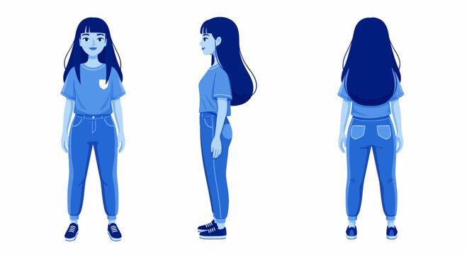 Character design young girl in blue outfit from multiple angles