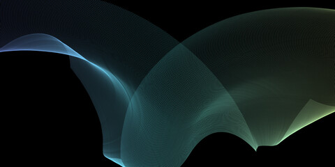 Abstract flowing digital mesh of fine blue and green luminous lines curves gracefully across a deep black background creating futuristic visual movement. © SUFYAN