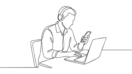 Minimalist continuous line drawing of a person wearing headphones, typing on a laptop and holding a smartphone, conveying a modern work or study scene.