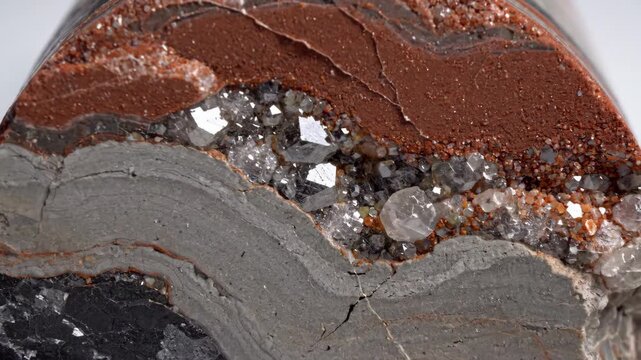 Video of geological core drill sample displaying layered sediment structure, earth science laboratory study, resource exploration industry theme.