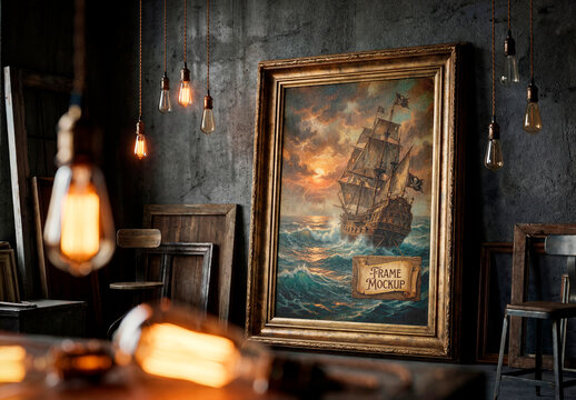 Vintage blank frame mockup in studio interior