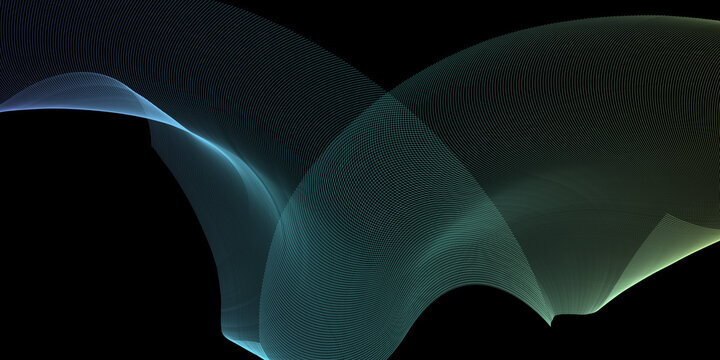 Abstract flowing digital mesh of fine blue and green luminous lines curves gracefully across a deep black background creating futuristic visual movement.
