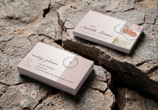 Business card stacks mockup on cracked stone texture