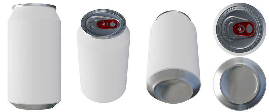 Aluminum soda can mockup set with multiple angles including front, perspective, top pull tab and bottom views for beverage packaging design, branding template, product presentation and label showcase