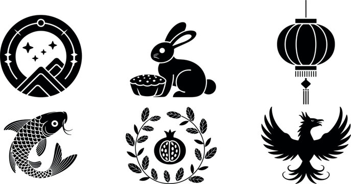 Mid Autumn Festival silhouette set featuring rabbit with mooncake lantern, koi fish, phoenix and pomegranate icons