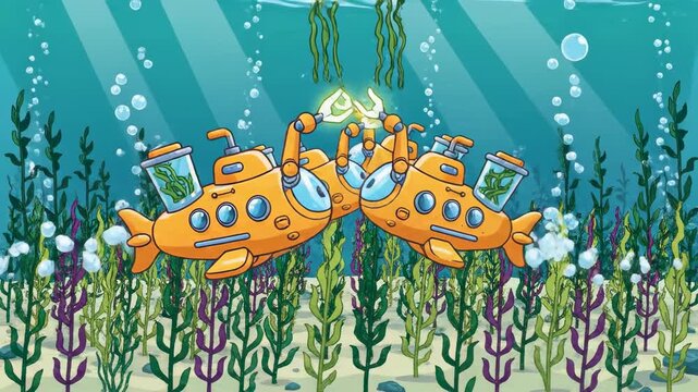 Cartoon yellow submarines underwater scene with algae animation exploring ocean life and glowing power up energy