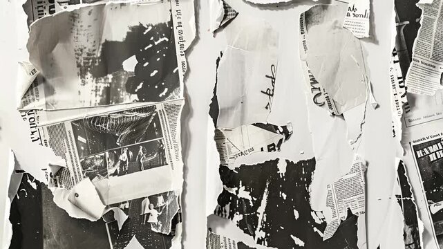 Abstract artful montage of torn paper and newspaper textures in black and white tones