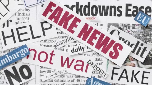 A close up view of newspaper fragments with fake news headlines and cut out letters deconstructed