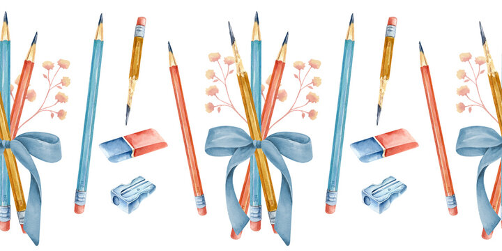 Seamless Horizontal Watercolor School Supplies Pattern, Stationery Border Design