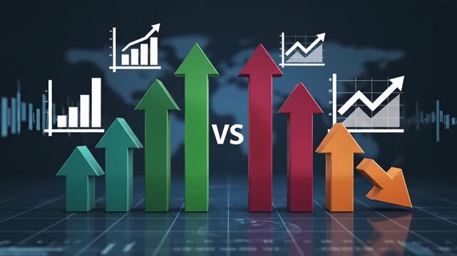 Video of minimal infographic animation with ascending and descending symbols, success versus risk concept, corporate presentation background for financial reporting, symmetrical layout of flat graphic