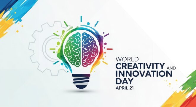 World creativity and innovation day poster featuring a brain-inspired lightbulb