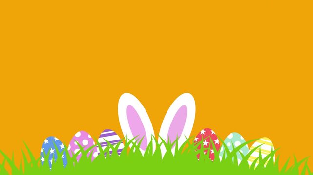 Happy Easter background with Easter bunny ears peeking from grass and colorful eggs.