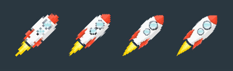 Pixel art rocket with fiery trails, retro games, space-themed designs, apps, or animations. 8-bit style for technology, sci-fi, and futuristic creative projects. Vector illustration © 32 pixels