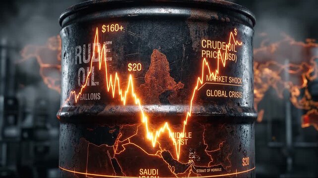Global crude oil price surge illustrated on an industrial oil barrel with glowing market chart and world map, representing energy crisis and geopolitical economic impact.