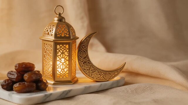 Elegant Ramadan iftar arrangement with glowing lantern, crescent ornament, and dates on a tray, symbolizing spirituality, tradition, and the holy month atmosphere.
